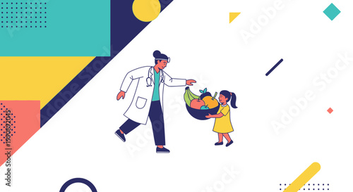 Doctor giving a basket of fresh fruits and vegetables to a child, promoting healthy eating and nutrition education.