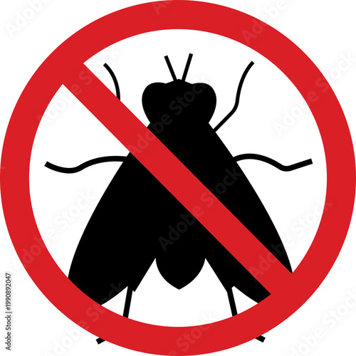 Fly vector swith insect bug pest icons, housefly infestation control symbol prohibition sign silhouette outline isolated minimal editable design