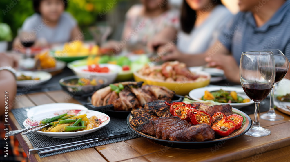Obraz premium Filipino family sharing a large backyard barbecue meal at a wooden table, colorful dishes, afternoon sunlight casting soft shadows