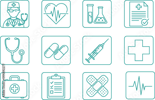 Healthcare and medical icon set featuring doctor, stethoscope, heart ECG, syringe, pills, first aid kit, bandages, checklist, laboratory