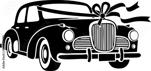 Vintage wedding car silhouette with ribbon and bow, classic retro bridal vehicle vector, elegant black and white marriage transportation icon