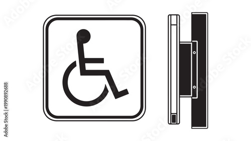 Black and white vector graphic of the international symbol of access, indicating wheelchair accessibility for disabled people, with a sleek sign holder profile.