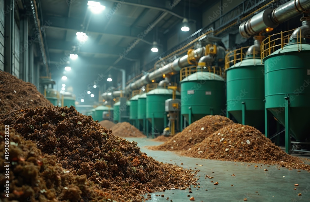Obraz premium Industrial facility processes organic waste using advanced robotic systems and large fermentation tanks for biogas production and energy generation.