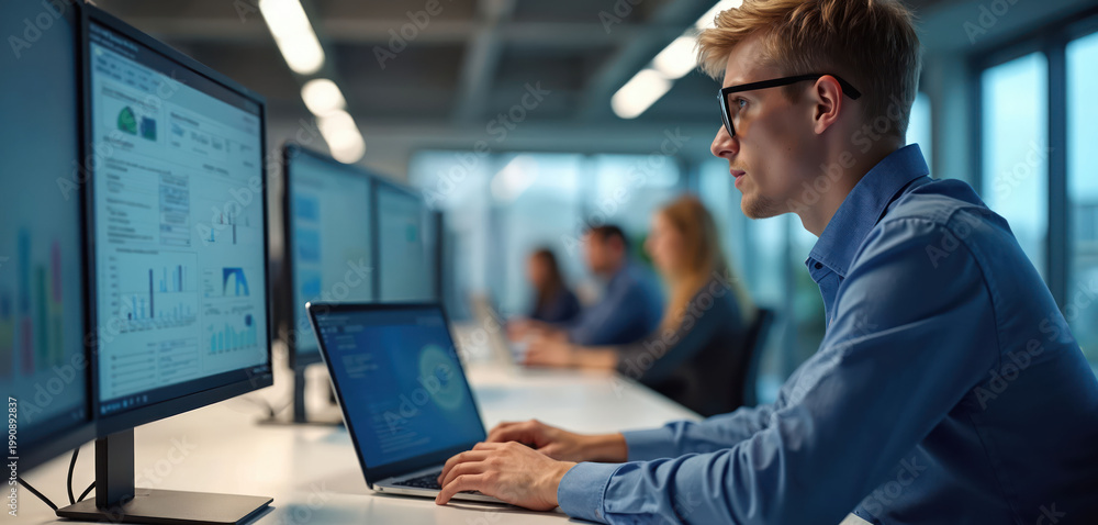 Naklejka premium Young analyst works on laptop displaying software data. Multiple screens show charts and graphs. Colleagues in blurred office background. Tech pro analyzes finance.