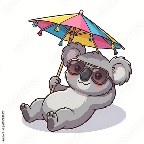 Cute Kawaii Koala Relaxing with Sunglasses and Colorful Parasol - Chibi Summer Vacation Beach Concept Vector Illustration