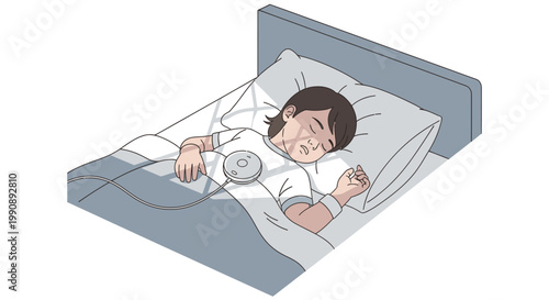 Young boy sleeping in hospital bed with medical equipment, intravenous drip and monitoring devices