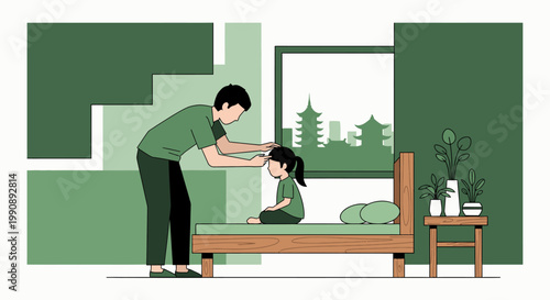 Father combing his daughter's hair in a bedroom with a window view of traditional Asian architecture, warm family moment
