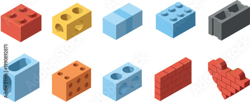 Toy Building Blocks Set with Colorful Bricks and Creative Construction Shapes Illustration