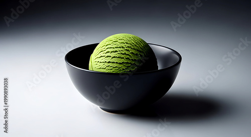 a single, flawless scoop of matcha ice cream in a minimalist black ceramic bowl, perfectly smooth surface with no visible crystals