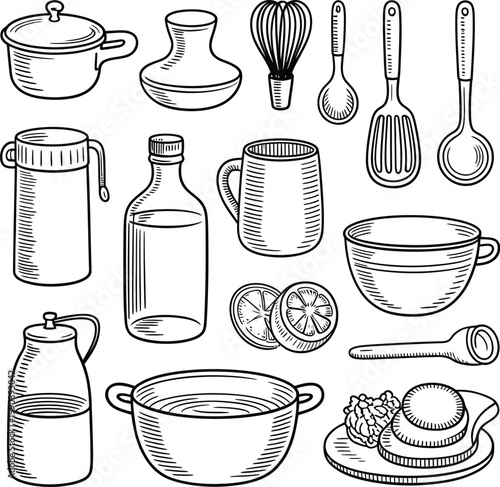Minimalist kitchen utensils vector illustration set featuring cookware tools food preparation culinary design rustic collection
