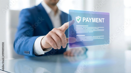 Businessman touching a virtual screen with a secure payment interface, representing digital finance, online transaction security, and modern banking technology