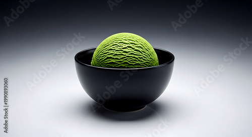 a single, flawless scoop of matcha ice cream in a minimalist black ceramic bowl, perfectly smooth surface with no visible crystals