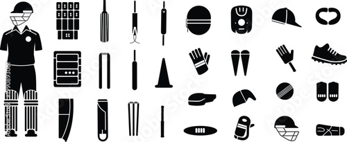 Complete set of cricket sports equipment icons, isolated black vector collection for cricket game design