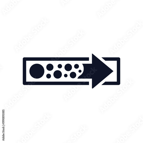 A black graphic depicting a rectangle with circles and an arrow pointing right on a white.