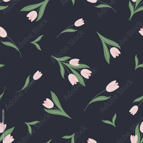 Seamless Tulip Pattern on Dark Background, Elegant Floral Design, Minimal Botanical Night Flowers