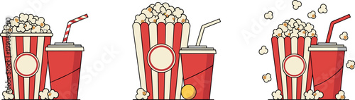 Popcorn and Soda Cups Set with Spilled Snacks for Cinema Movie Night Design