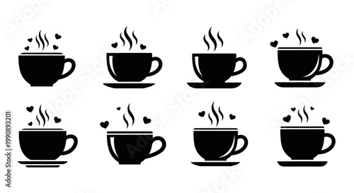 Collection of black coffee cup silhouettes with steam waves and small hearts decorations for catering service and cafeteria branding elements on white background