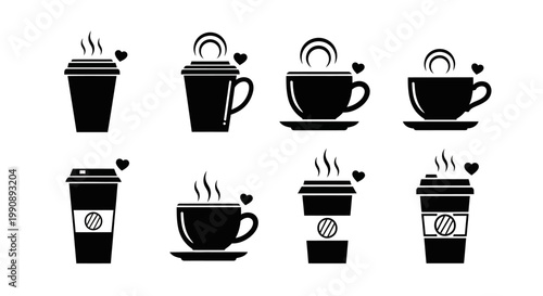 Eight black vector graphics showing coffee cups and takeaway containers with steam and heart icons above