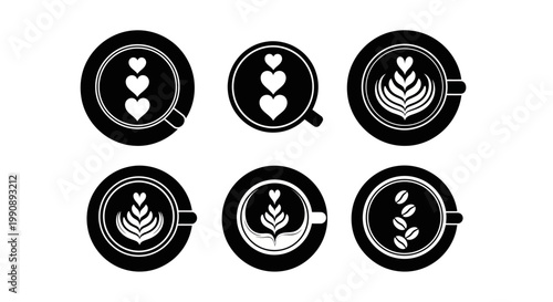 Top view of black and white coffee cups with various latte art designs hearts leaves and coffee beans on white background