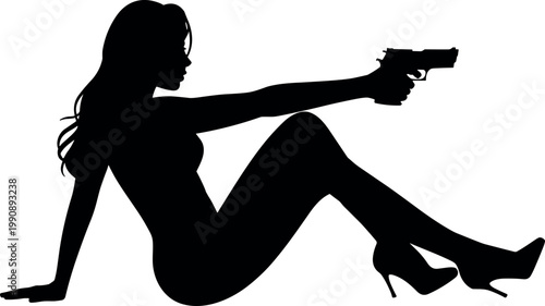 Silhouette of a woman sitting and holding a handgun
