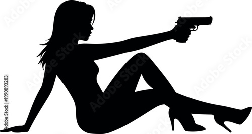 Silhouette of a woman sitting and holding a pistol