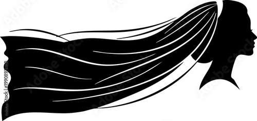 Elegant bride silhouette with long flowing veil, minimalist wedding woman profile vector, black and white bridal beauty icon for marriage invitations