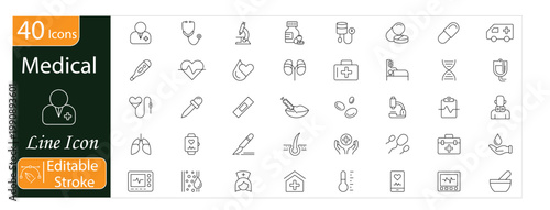 Medical Icons Set, Healthcare, Hospital Care, Doctor, Patient Treatment, Medicine, Medical Equipment, Health Services, Editable Stroke Vector Illustration.