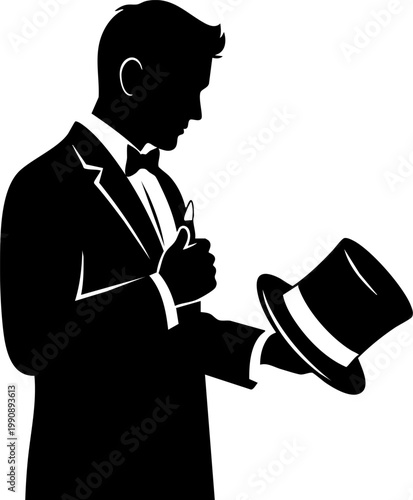 Vintage gentleman silhouette wearing tuxedo and bow tie, elegant man holding top hat, classic formal attire vector illustration for gala events