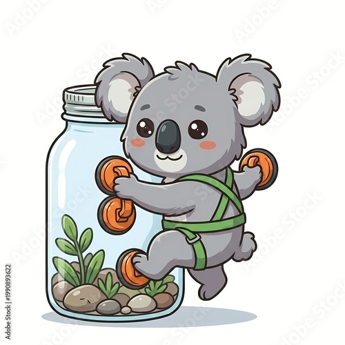 Cute Kawaii Koala Climber Scaling Glass Jar Terrarium with Suction Cups - Chibi Tiny Explorer Adventure Concept Vector Illustration