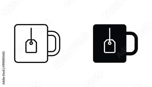 Two tea cup icons with tea bag tags indicating hot beverages and relaxation in outline and solid black graphic design formats