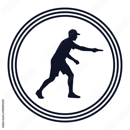 A dark silhouette of a man in a cap throwing a frisbee within a circle.