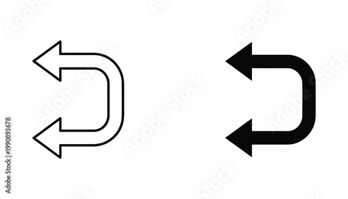 U-turn or refresh arrow icon in outline and solid silhouette vector graphic for circular movement