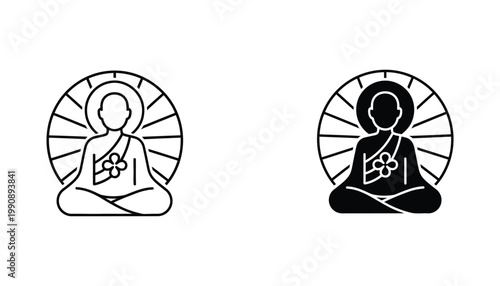 Meditating monk icon set with halo in minimalist black style for spiritual and yoga branding