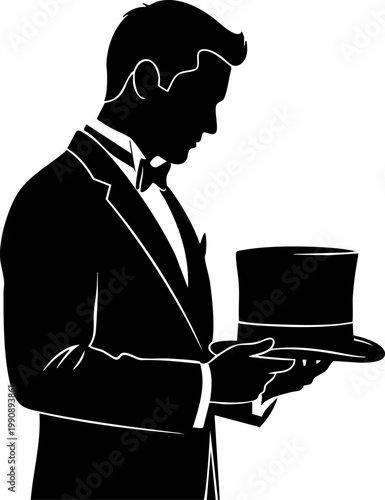 Vintage gentleman silhouette in tuxedo holding top hat, elegant man in formal evening wear, classic butler or groom vector illustration