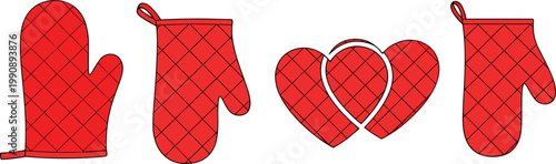 Red Kitchen Oven Mitts and Heart Shapes Set for Cooking and Love Theme Design