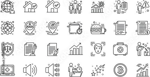 "Set of Business, Technology, and Security Icons Including Data, Finance, Health, and Communication Symbols for Digital and Corporate Design"