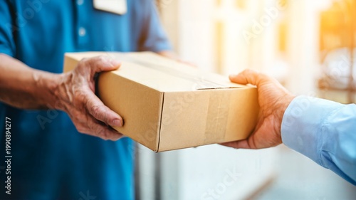 Hand over cardboard box during delivery