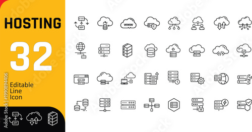 Hosting icons for cloud computing and data storage.
