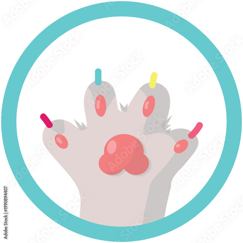 Cat paw vector. Pet foot with color claws anti-scratch icon isolated on white background. Domestic grooming, hygiene and veterinary concept