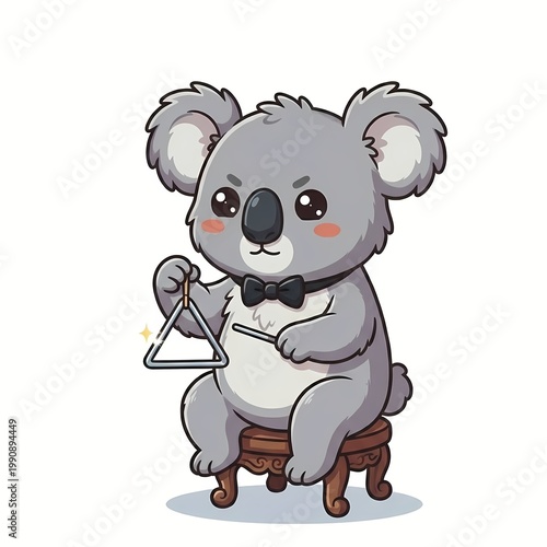 Cute Kawaii Koala Musician Wearing Bow Tie Playing Triangle Instrument - Chibi Animal Orchestra Concept Vector Illustration