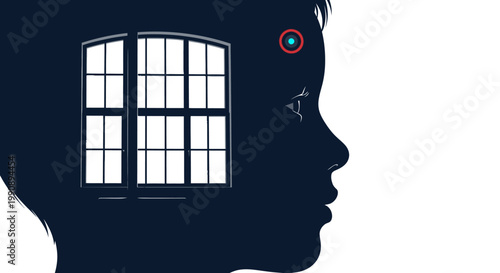 Silhouette of a child's head with a window representing thoughts, ideas, and imagination