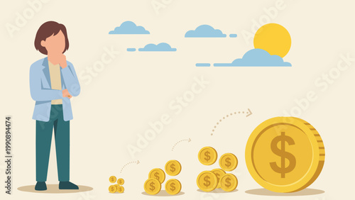 Financial Growth and Contemplation: An illustrated depiction of financial growth, showcasing a person in contemplation alongside coins ascending to the sun, symbolizing the journey of wealth creation.