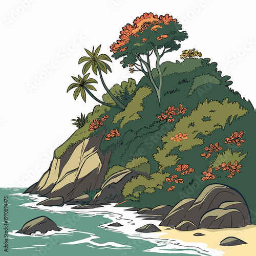 A vibrant stylized illustration depicts a lush green hillside meeting a serene blue ocean featuring flowering trees and rocky outcrops high quality