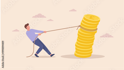 A determined individual strains against a rope, attempting to pull a towering stack of golden coins.