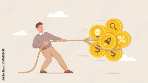 A determined individual strains to pull a rope laden with golden coins symbolizing financial gains and challenges.