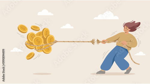 A determined person grapples with a rope attached to a cascade of gold coins, symbolizing the struggle to acquire wealth and manage finances.