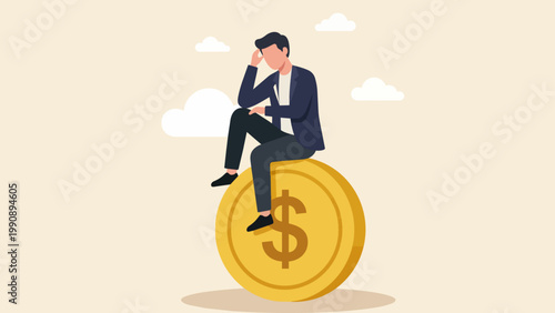 Financial burdens: An illustration of a person grappling with financial troubles, sitting atop a giant coin. The scene evokes a sense of concern and the weight of monetary worries.