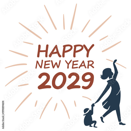 A vibrant illustration depicts a mother and child celebrating the arrival of the year 2029 with joyful exuberance and radiating light