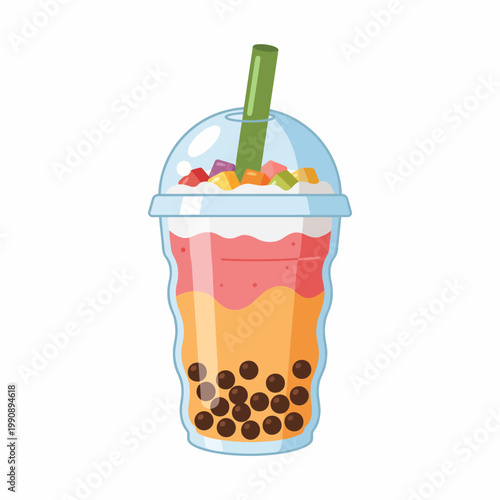 A delicious and refreshing bubble tea drink filled with vibrant fruit layers, reflecting the fun of exploring flavors and textures in delightful beverage creations.