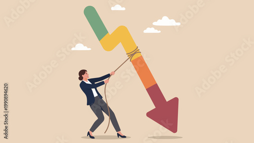 Economic Struggle: A determined person grapples with a large downward arrow, representing economic struggles and the challenges of financial downturns.